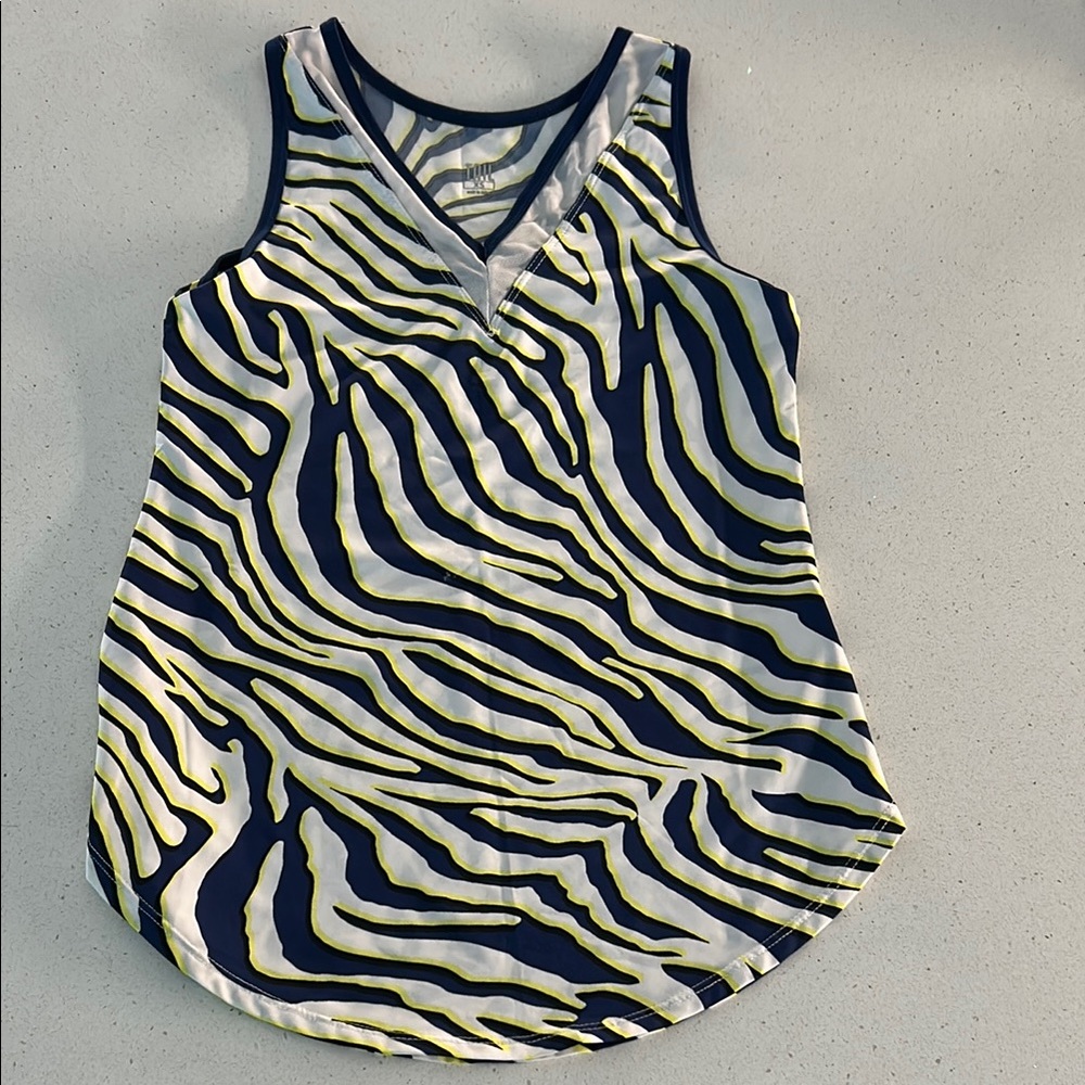 Tail Navy and White Zebra print Sleeveless Tank Top w/yellow details in print